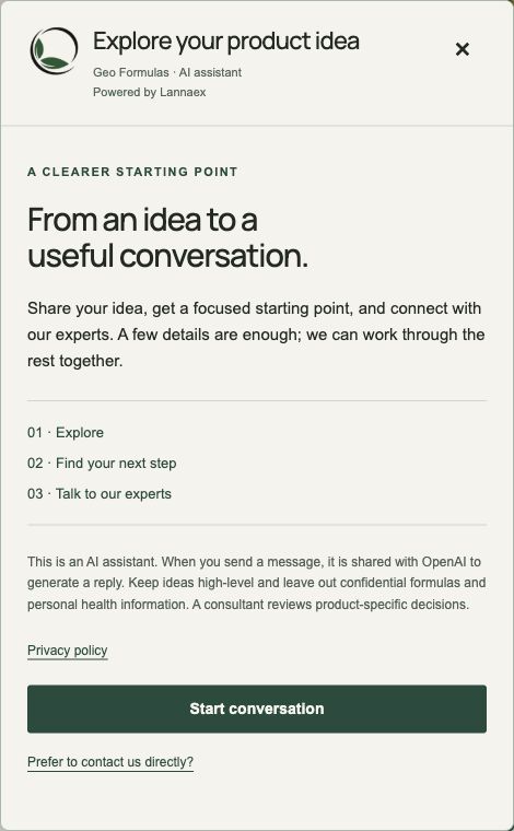 Geo Formulas AI consultation assistant, powered by Lannaex